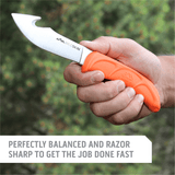 Outdoor Edge WildSkin Skinning Knife Product Photo showing knife with text "Perfectly balanced and razor sharp to get the job done fast."