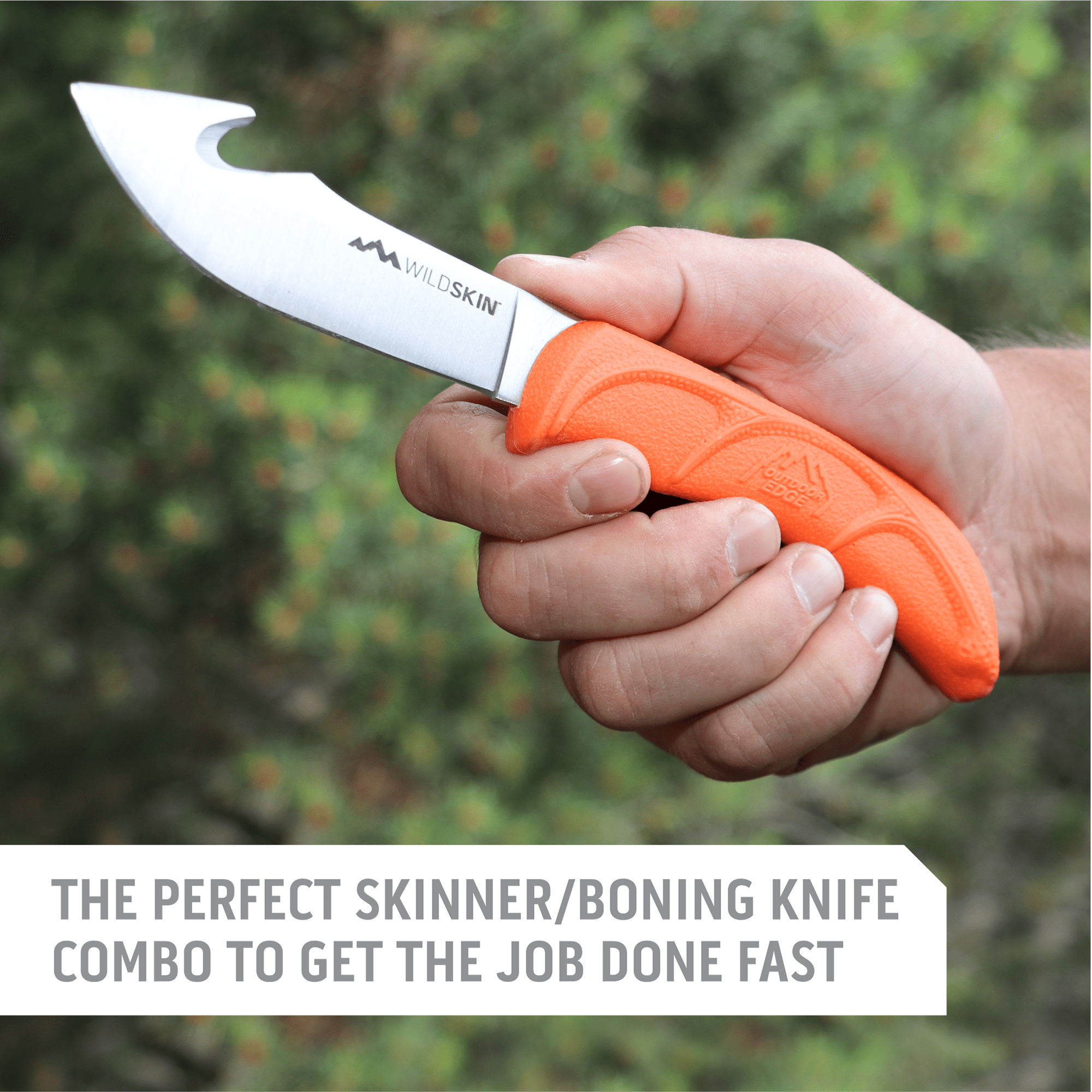Outdoor Edge WildBone Skinning and Deboning Knife in the field with text "The Perfect Skinner/Boning Knife Combo to get the Job Done Fast."