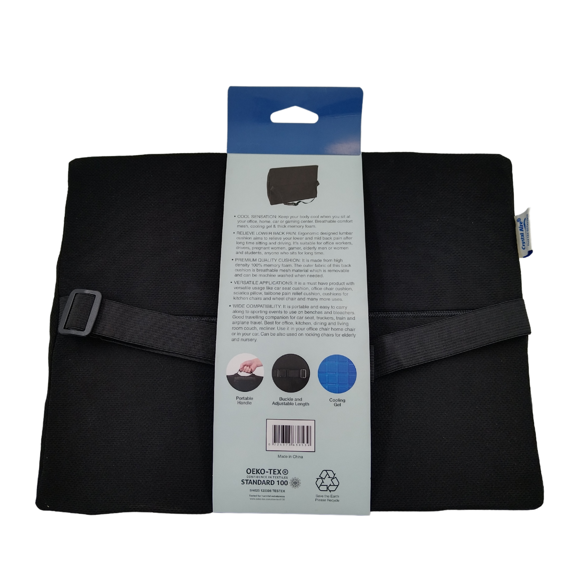 Crystal Aire Memory Foam Lower Back Cushion with Cooling Gel