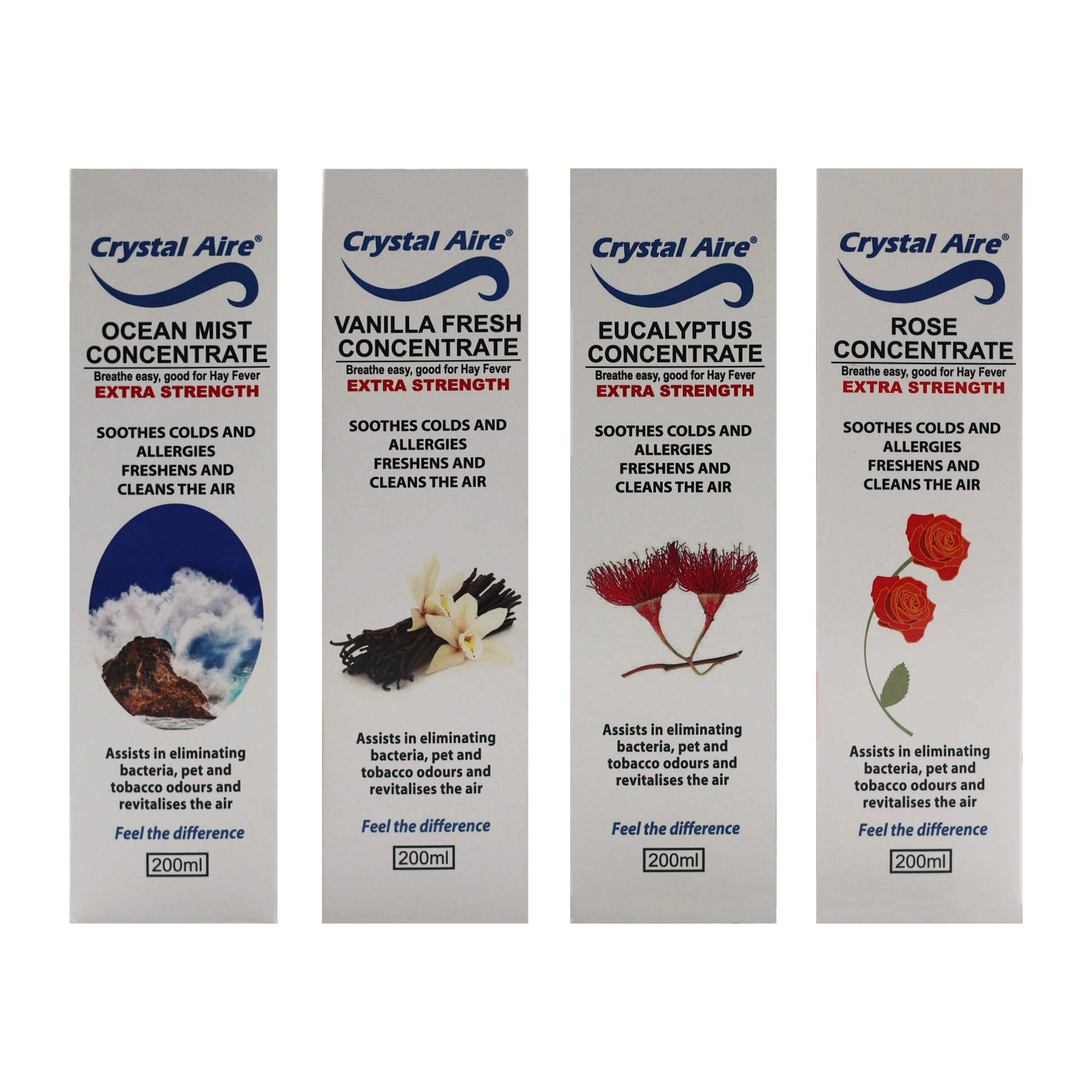 Crystal Aire Rose, Vanilla, Eucalyptus and Ocean Mist Air Purifier Concentrates - 4 Pack (200ml)