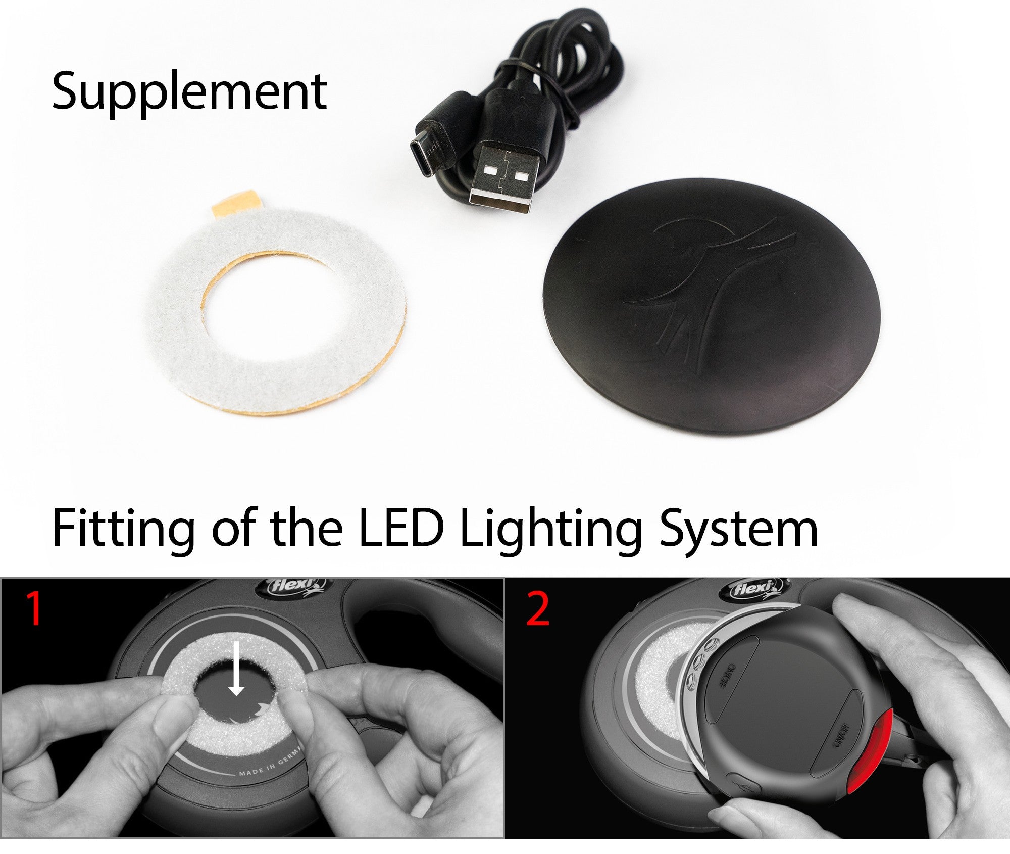 Flexi LED Lighting System (Black, attachable, with front+rear light, rechargeable/replaceable batteries)