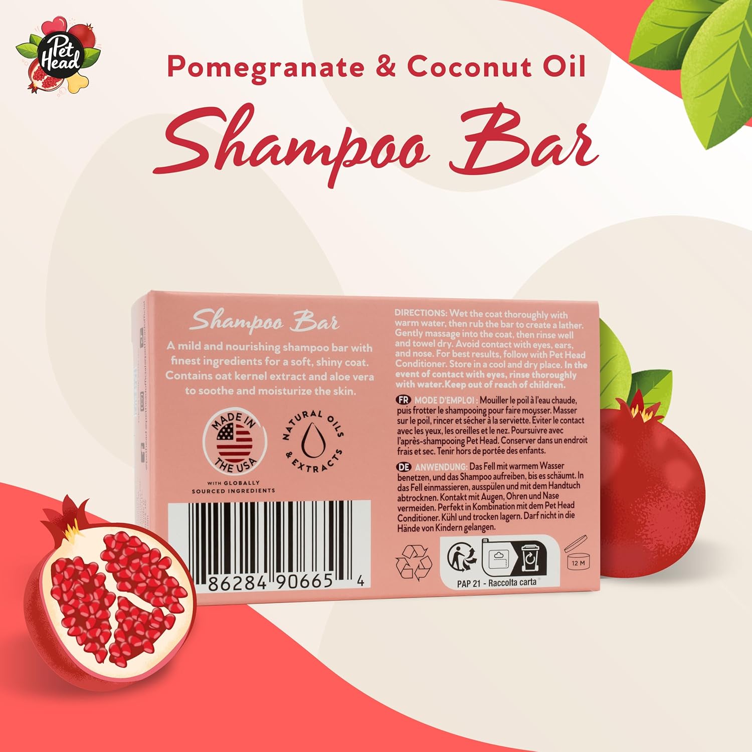 Pet Head 3-in-1 Shampoo Bar (Pomegranate, 85g)